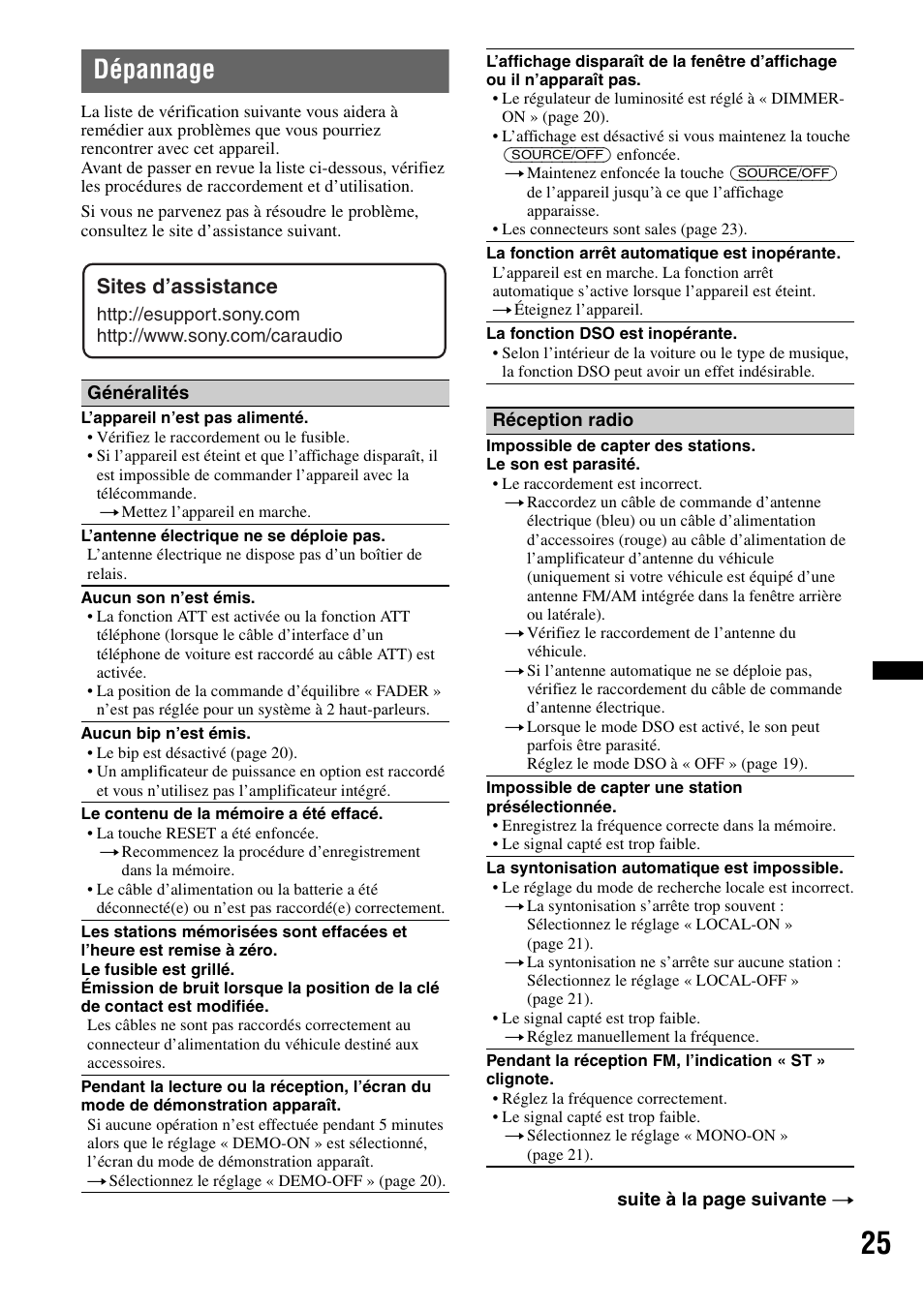 Dépannage, Sites d’assistance | Sony DSX-S100 User Manual | Page 51 / 80