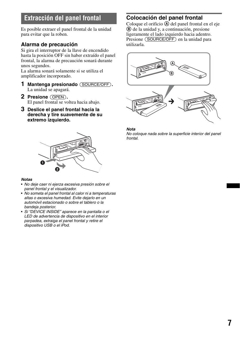 Extracción del panel frontal, Colocación del panel frontal | Sony DSX-S100 User Manual | Page 59 / 80