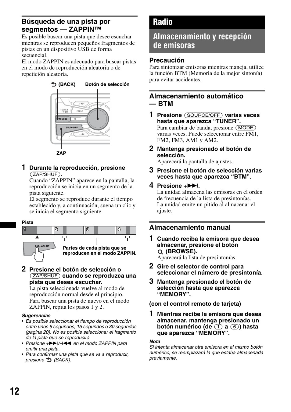 Búsqueda de una pista por segmentos - zappin, Radio, Almacenamiento y recepción de emisoras | Almacenamiento automático - btm, Almacenamiento manual, Búsqueda de una pista por segmentos — zappin, Radio almacenamiento y recepción de emisoras | Sony DSX-S100 User Manual | Page 64 / 80