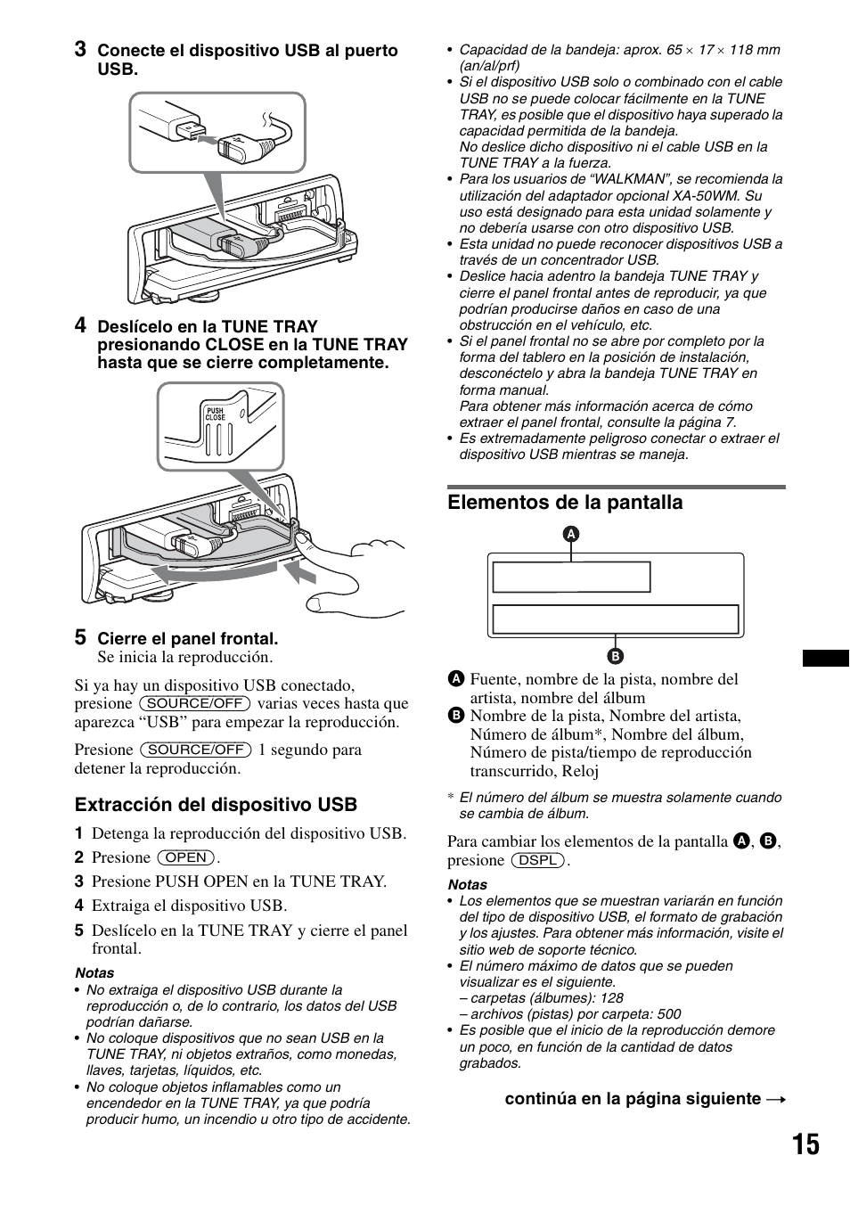 Elementos de la pantalla, Extracción del dispositivo usb | Sony DSX-S100 User Manual | Page 67 / 80