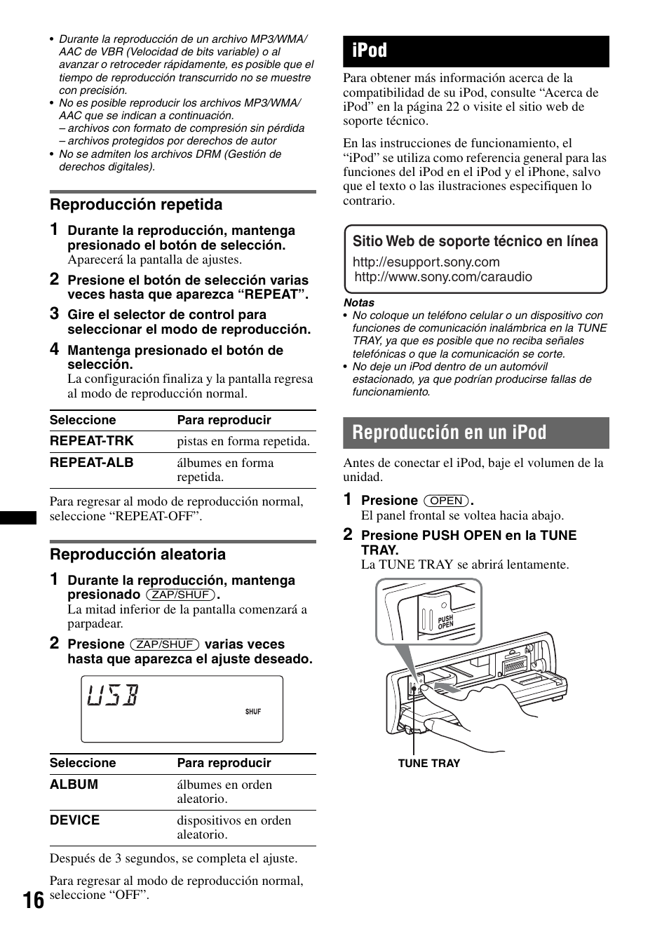 Reproducción repetida, Reproducción aleatoria, Ipod | Reproducción en un ipod, Reproducción repetida reproducción aleatoria | Sony DSX-S100 User Manual | Page 68 / 80