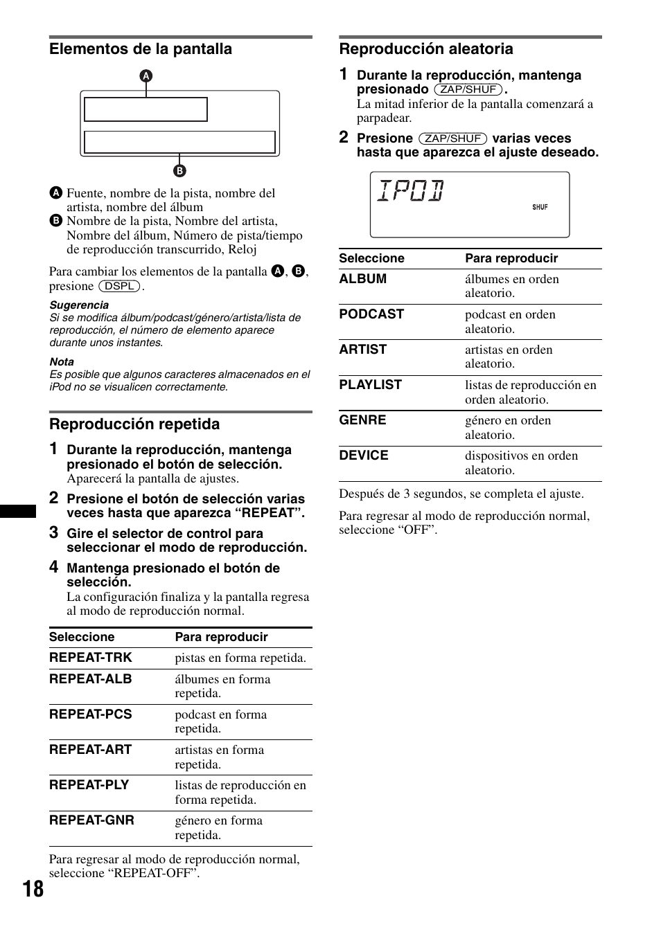 Elementos de la pantalla, Reproducción repetida, Reproducción aleatoria | Sony DSX-S100 User Manual | Page 70 / 80