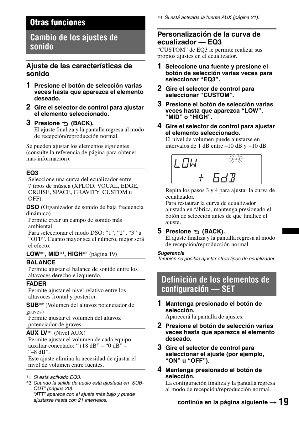 Otras funciones, Cambio de los ajustes de sonido, Ajuste de las características de sonido | Personalización de la curva de ecualizador - eq3, Definición de los elementos de configuración - set, Definición de los elementos de configuración — set, Otras funciones cambio de los ajustes de sonido | Sony DSX-S100 User Manual | Page 71 / 80