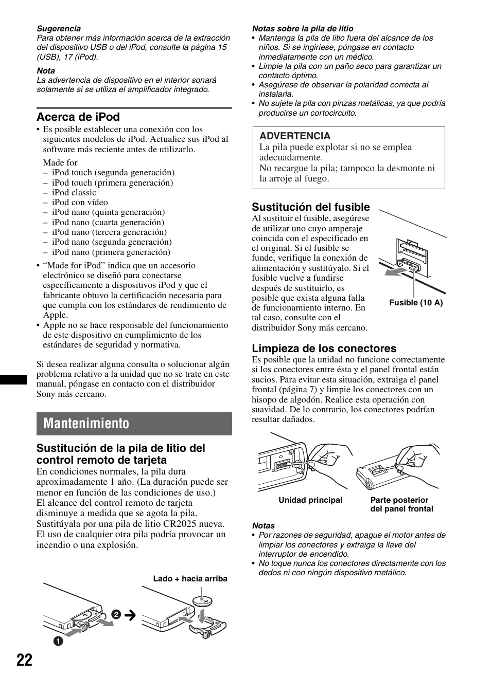 Acerca de ipod, Mantenimiento | Sony DSX-S100 User Manual | Page 74 / 80