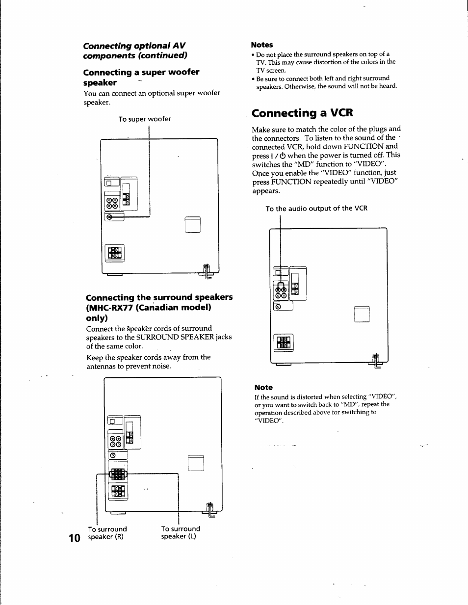 Connecting optional av components (continued), Connecting a super woofer speaker, Connecting a vcr | Sony MHC-GRX66 User Manual | Page 10 / 51