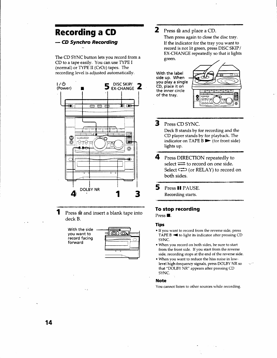 Recording a cd, Cd synchro recording, To stop recording | Sony MHC-GRX66 User Manual | Page 14 / 51