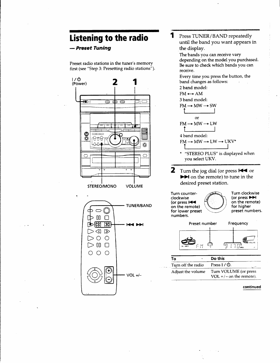 Listening to the radio, Preset tuning, T_______i | Sony MHC-GRX66 User Manual | Page 15 / 51