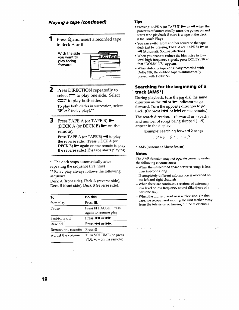 Searching for the beginning of a track (ams*), Playing a tape (continued) | Sony MHC-GRX66 User Manual | Page 18 / 51