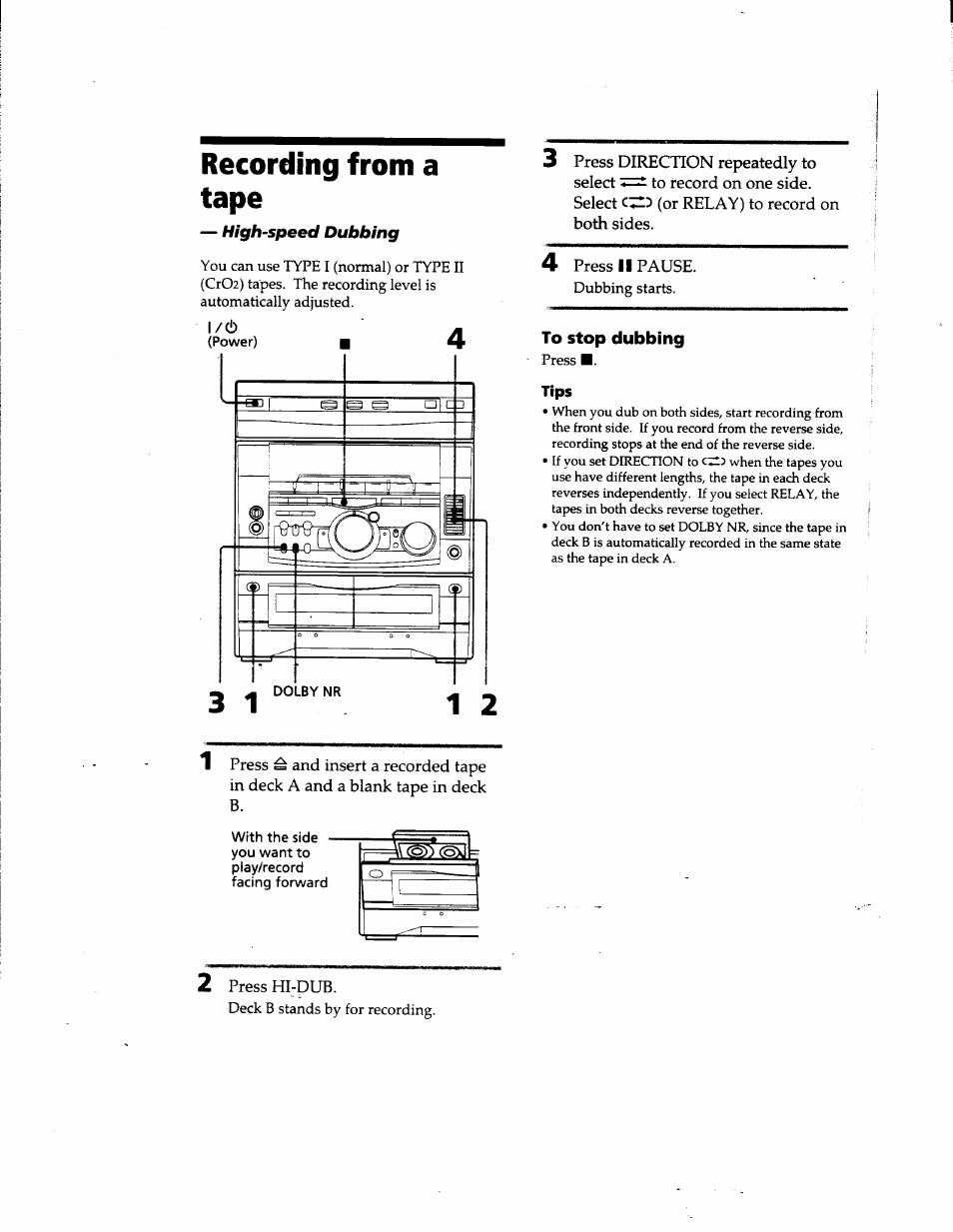 Recording from a tape, High-speed dubbing, To stop dubbing | Sony MHC-GRX66 User Manual | Page 19 / 51
