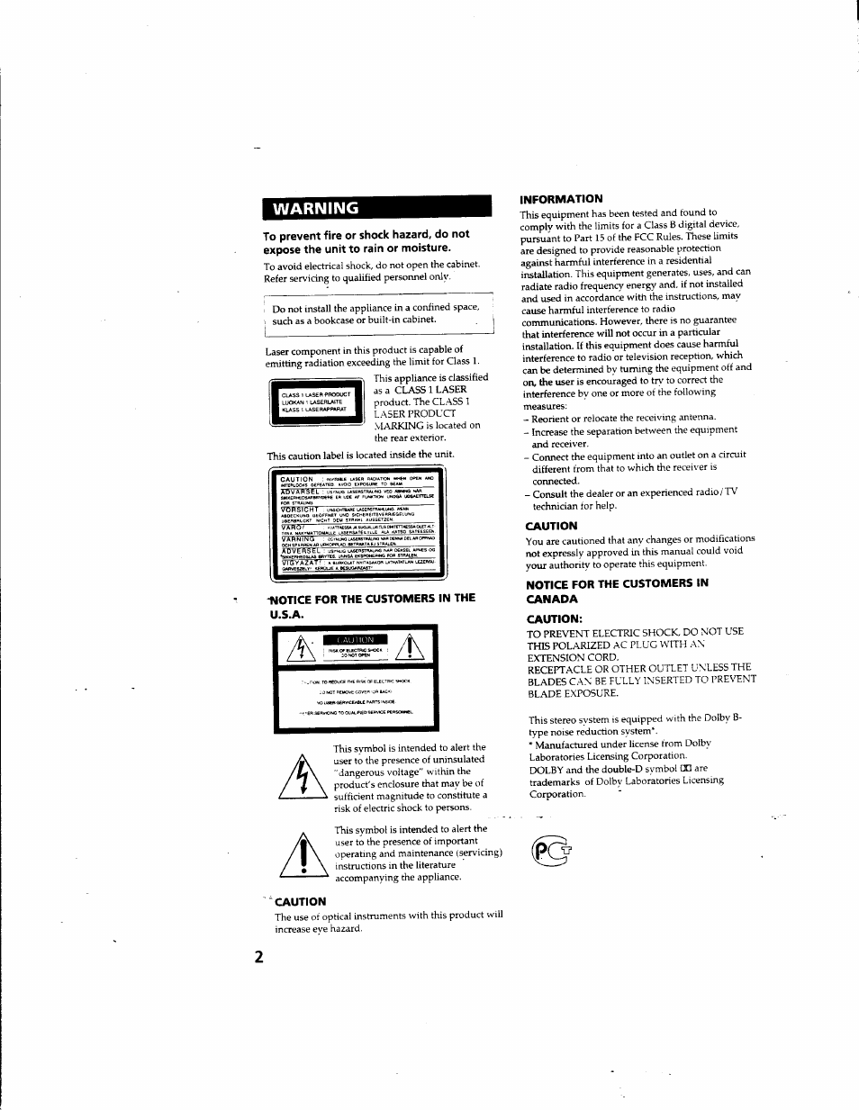 Warning, Notice for the customers in the u.s.a, Information | Caution, Notice for the customers in canada caution | Sony MHC-GRX66 User Manual | Page 2 / 51