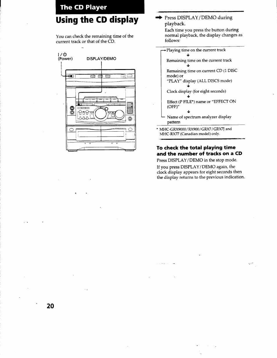 The cd player, Using the cd display, Press display/demo during playback | Sony MHC-GRX66 User Manual | Page 20 / 51