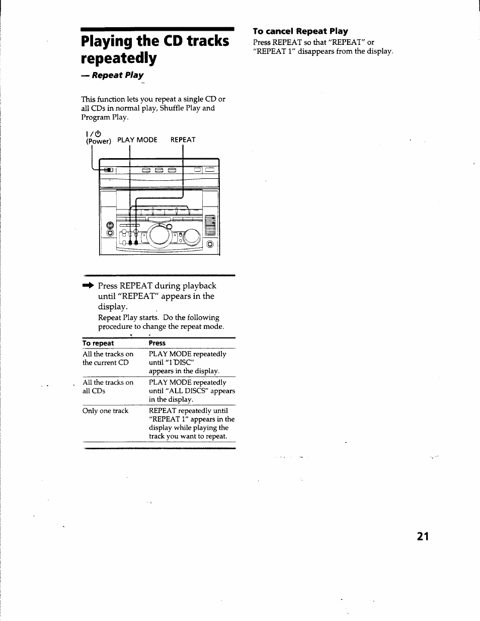 Playing the cd tracks repeatedly, Repeat play, L/(!) | Sony MHC-GRX66 User Manual | Page 21 / 51