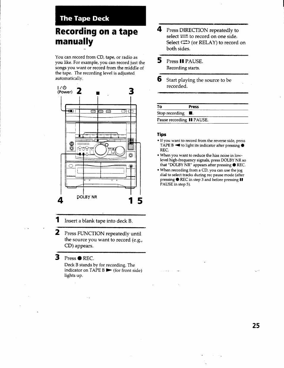 The tape deck, Recording on a tape manually | Sony MHC-GRX66 User Manual | Page 25 / 51