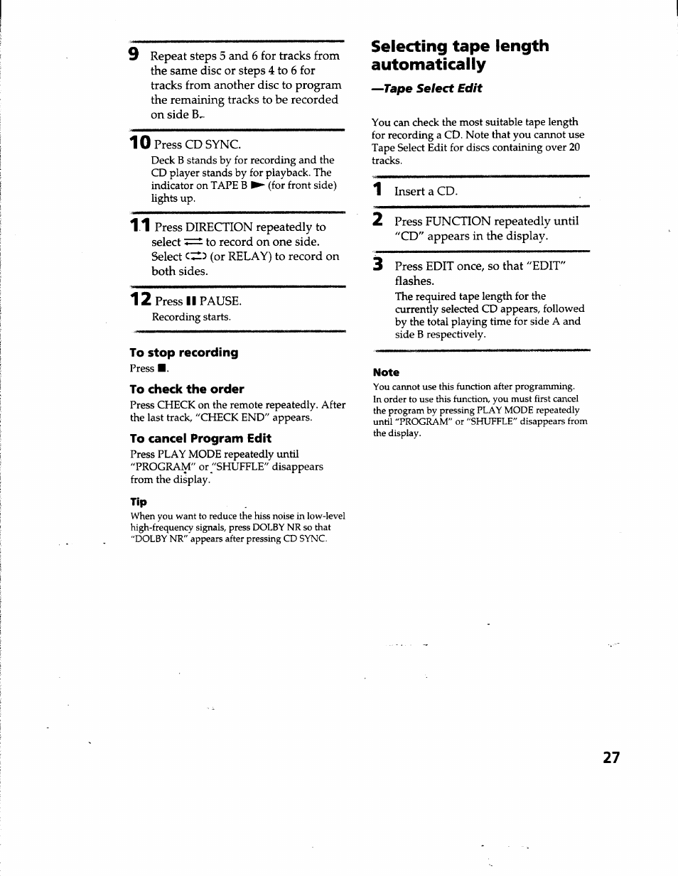 To stop recording, To check the order, To cancel program edit | Selecting tape length automatically, Tape select edit, Note | Sony MHC-GRX66 User Manual | Page 27 / 51