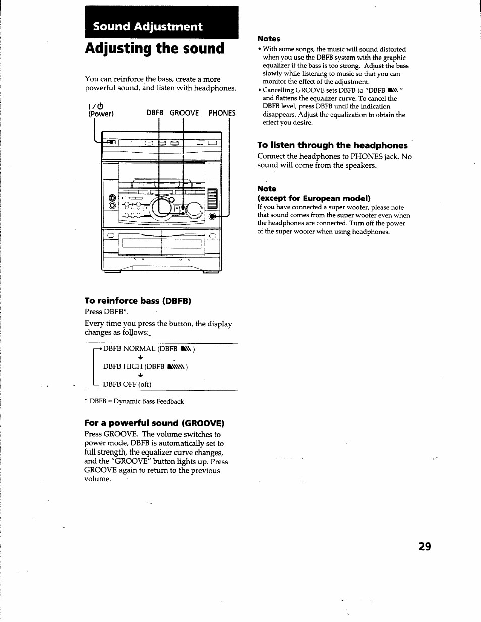 Sound adjustment, Adjusting the sound, To listen through the headphones | To reinforce bass (dbfb), For a powerful sound (groove) | Sony MHC-GRX66 User Manual | Page 29 / 51