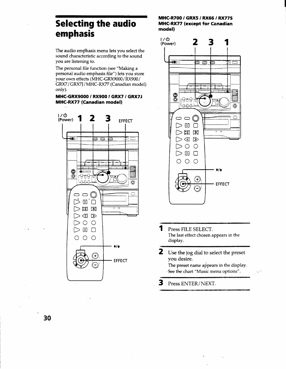 Selecting the audio emphasis, 1 press file select, 2 use the jog dial to select the preset you desire | 3 press. enter/next | Sony MHC-GRX66 User Manual | Page 30 / 51