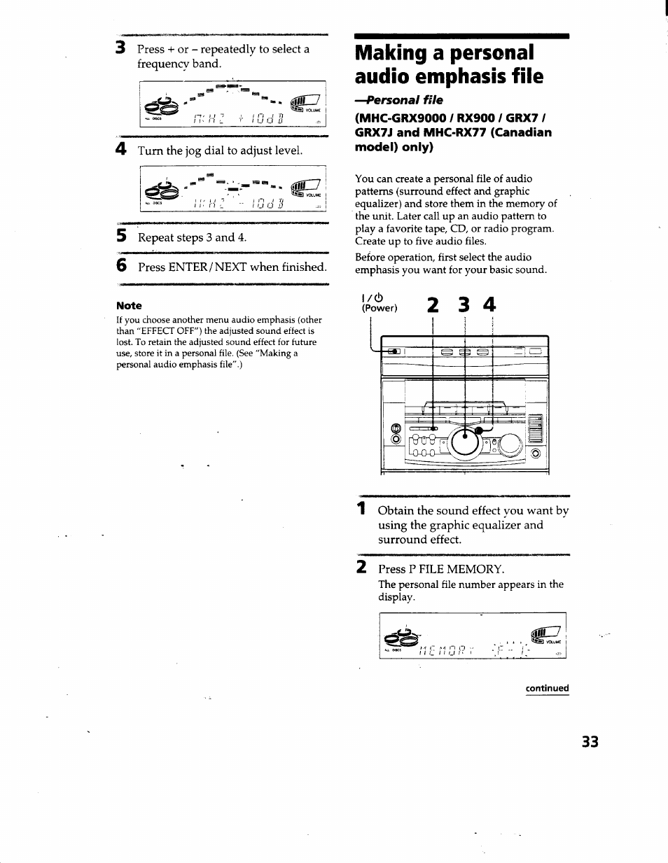 4 turn the jog dial to adjust level, 5 repeat steps 3 and 4, 6 press enter/next when finished | Making a personal audio emphasis file, Personal file, 2 press p file memory, Making a personal audio emphasis, File | Sony MHC-GRX66 User Manual | Page 33 / 51