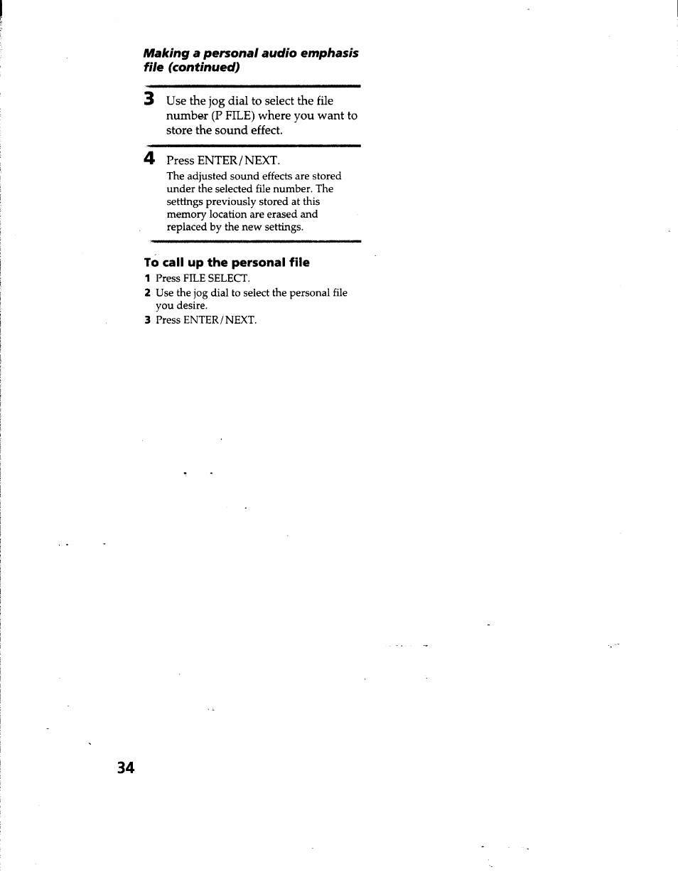 Making a personal audio emphasis, Fiie (continued), 4 press enter/next | To call up the personal file | Sony MHC-GRX66 User Manual | Page 34 / 51