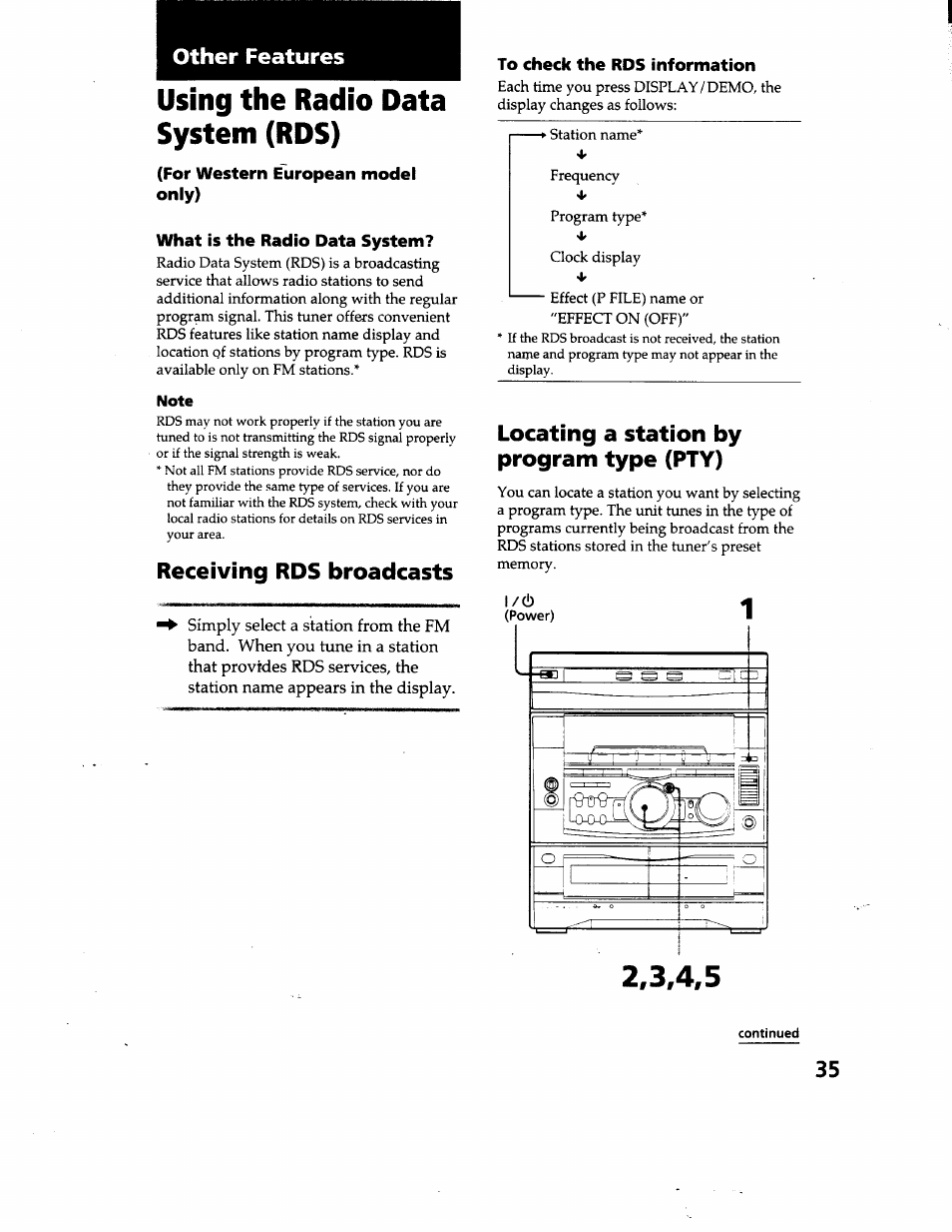 Other features, Using the radio data system (rds), For western european model only) | What is the radio data system, Receiving rds broadcasts, To check the rds information, Locating a station by program type (pty) | Sony MHC-GRX66 User Manual | Page 35 / 51