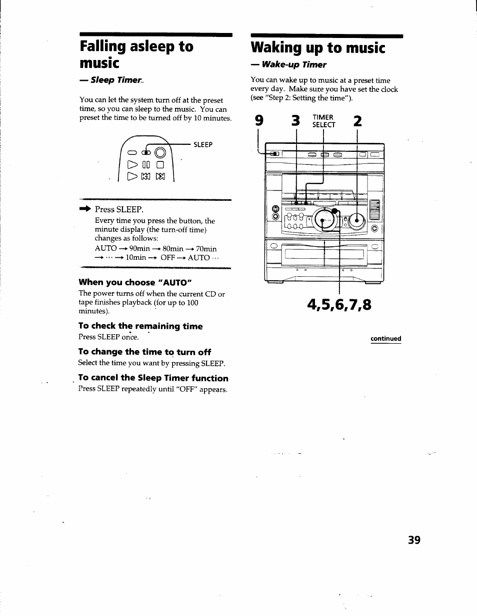 Falling asleep to music, Sleep timer, When you choose "auto | To check the remaining time, To change the time to turn off, To cancel the sleep timer function, Waking up to music, Wake-up timer | Sony MHC-GRX66 User Manual | Page 39 / 51