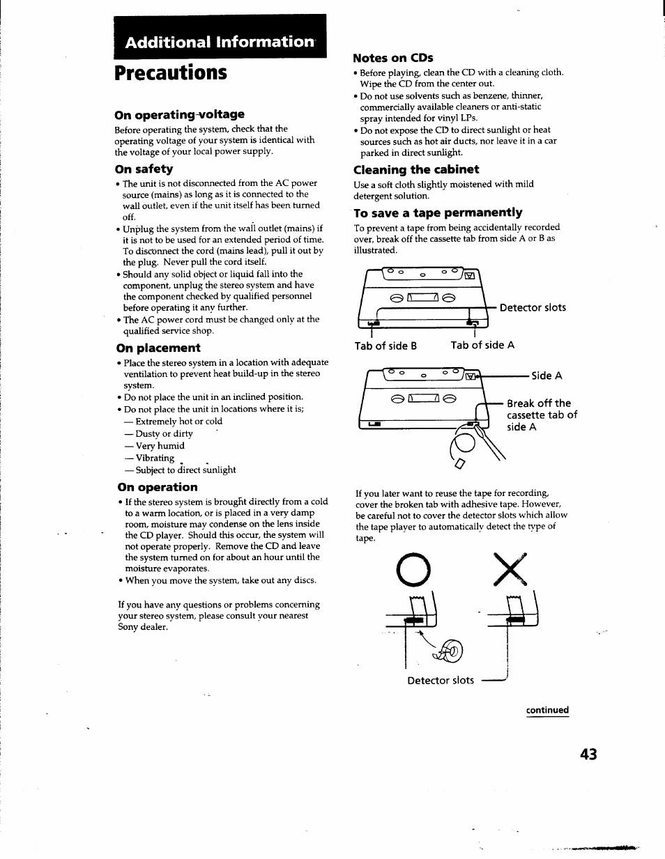 Additional information, Precautions, On operating-voltage | On safety, On placement, On operation, Notes on cds, Cleaning the cabinet, To save a tape permanently, Detector slots | Sony MHC-GRX66 User Manual | Page 43 / 51