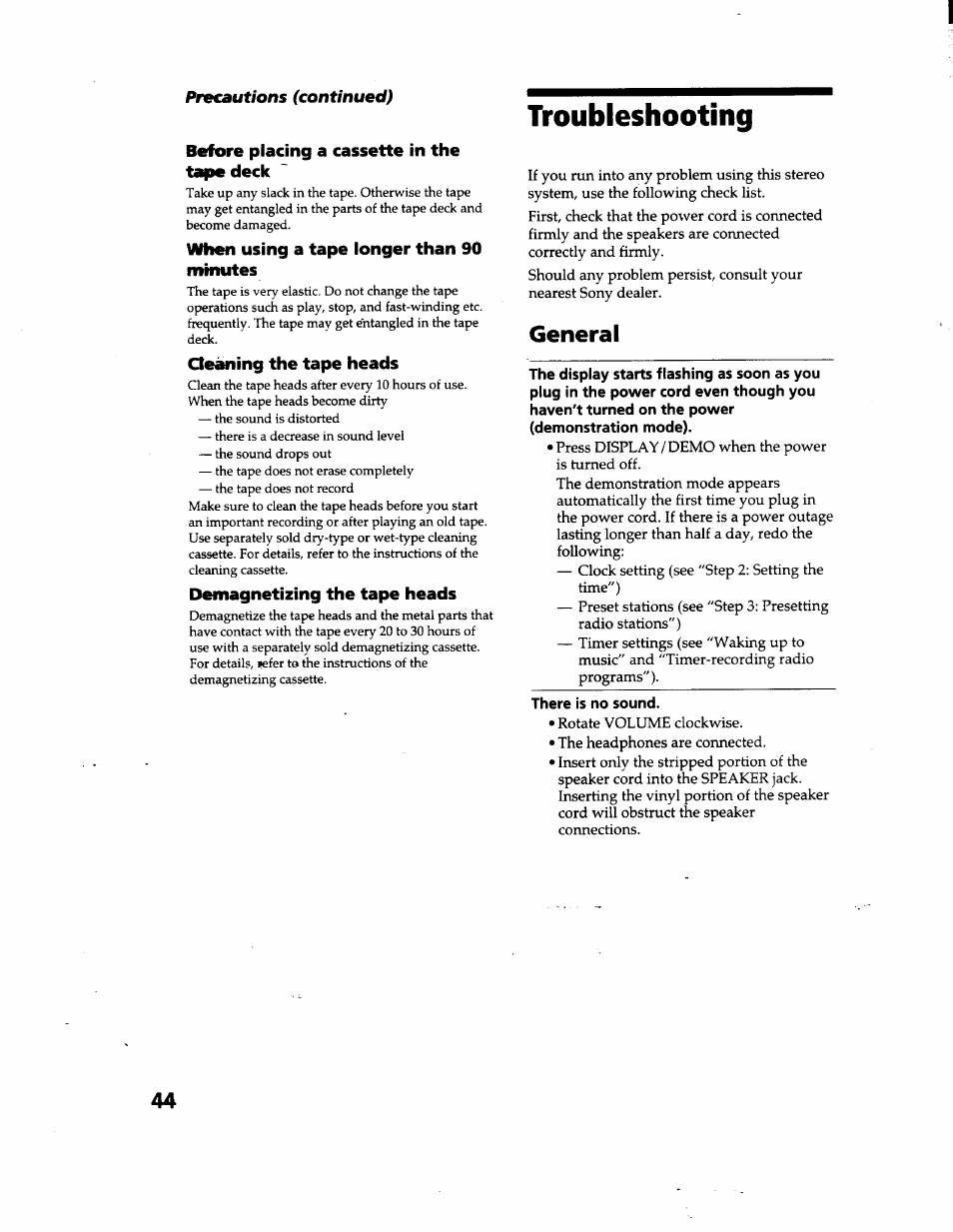 Before placing a cassette in the tape deck, When using a tape longer than 90 nmnites, Qeiming the tape heads | Demagnetizing the tape heads, Troubleshooting, General | Sony MHC-GRX66 User Manual | Page 44 / 51