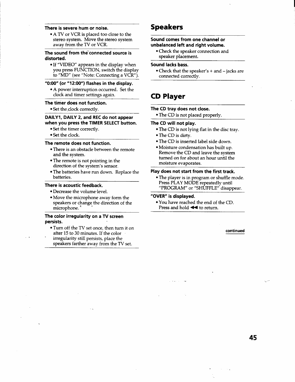 There is severe hum or noise, The sound from the'connected source is, The timer does not function | The remote does not function, There is acoustic feedback, Speakers, Sound lacks bass, Cd player, The cd tray does not close | Sony MHC-GRX66 User Manual | Page 45 / 51