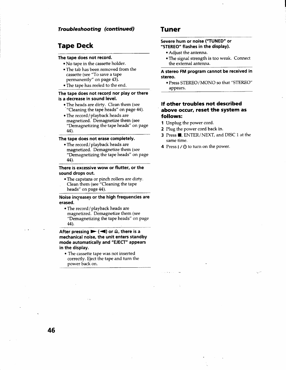 Tape deck, Tuner | Sony MHC-GRX66 User Manual | Page 46 / 51