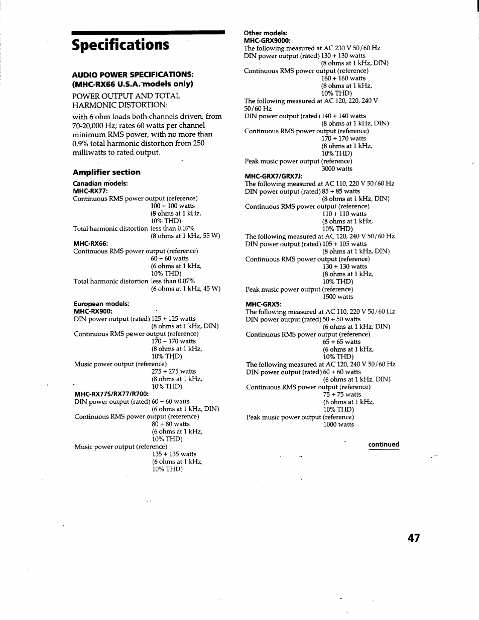 Specifications | Sony MHC-GRX66 User Manual | Page 47 / 51