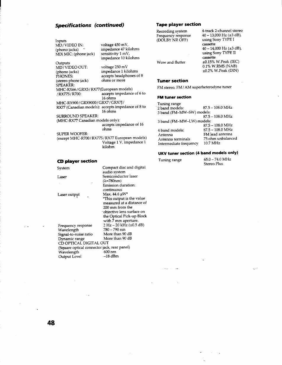 Piayer, Specifications (continued) | Sony MHC-GRX66 User Manual | Page 48 / 51