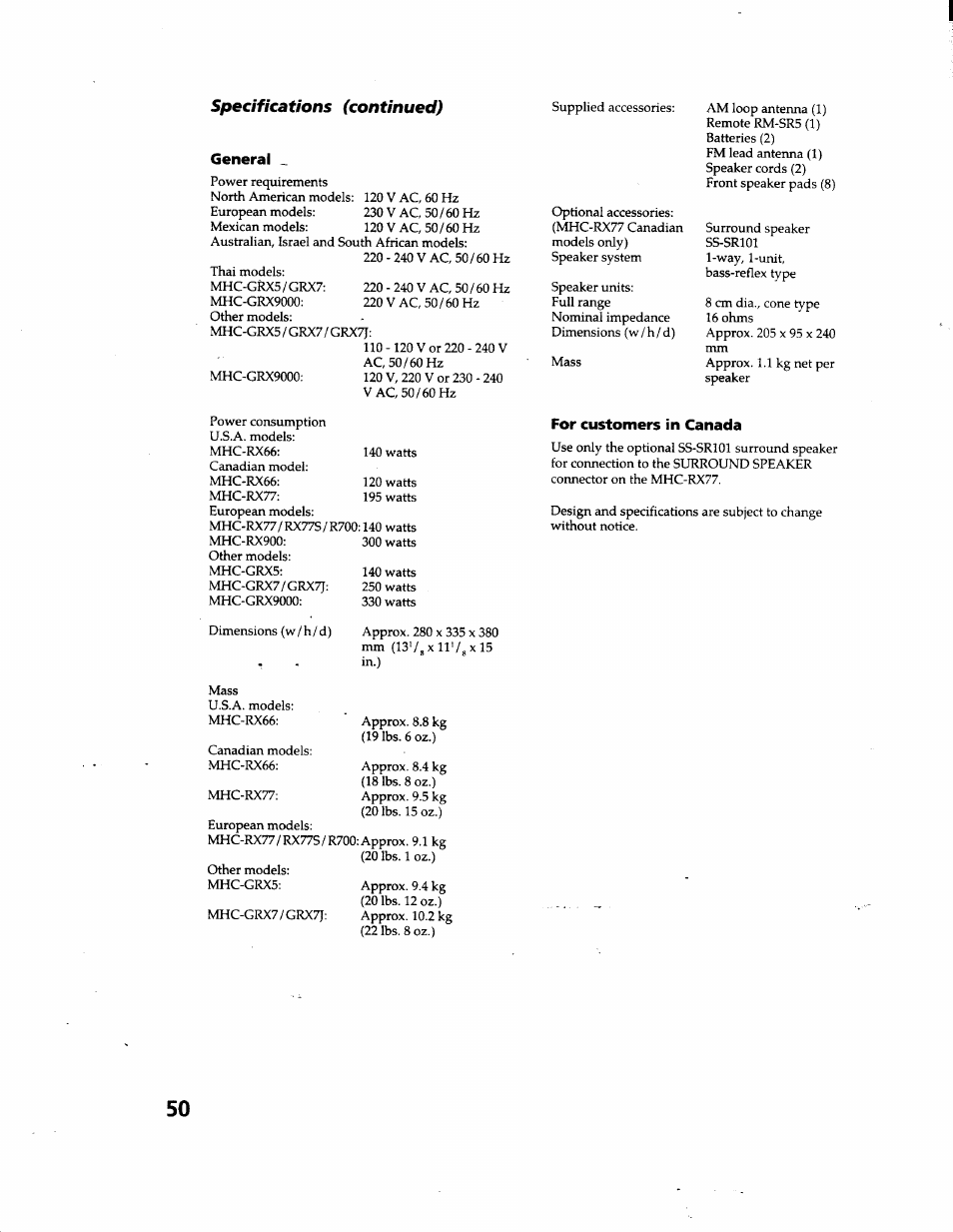 For customers in canada, Specifications (continued) | Sony MHC-GRX66 User Manual | Page 50 / 51