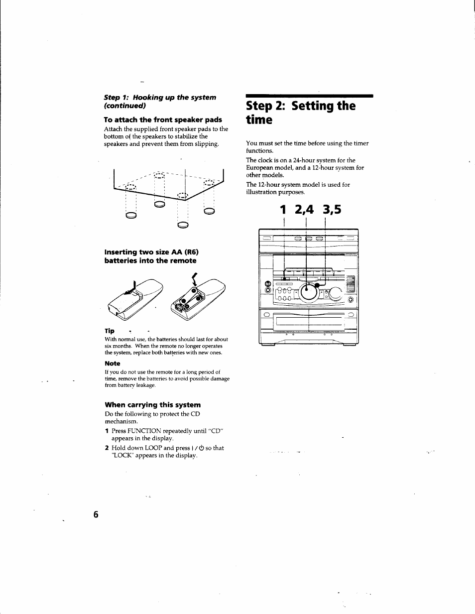 To attach the front speaker pads, When carrying this system, Step 2: setting the time | Sony MHC-GRX66 User Manual | Page 6 / 51