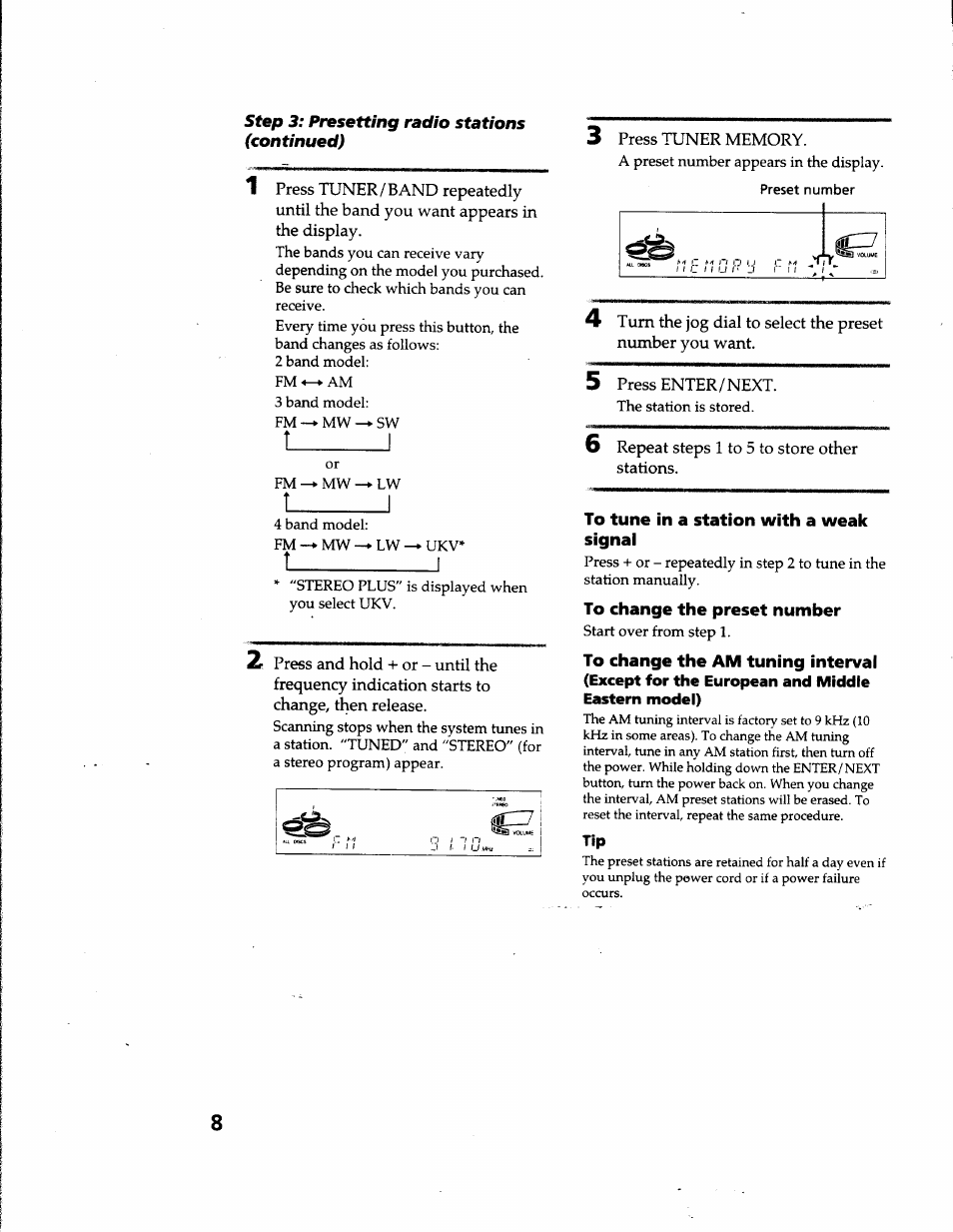 Step 3: presetting radio stations (continued), To tune in a station with a weak signal, To change the preset number | Step 3: presetting radio stations, T_______i | Sony MHC-GRX66 User Manual | Page 8 / 51