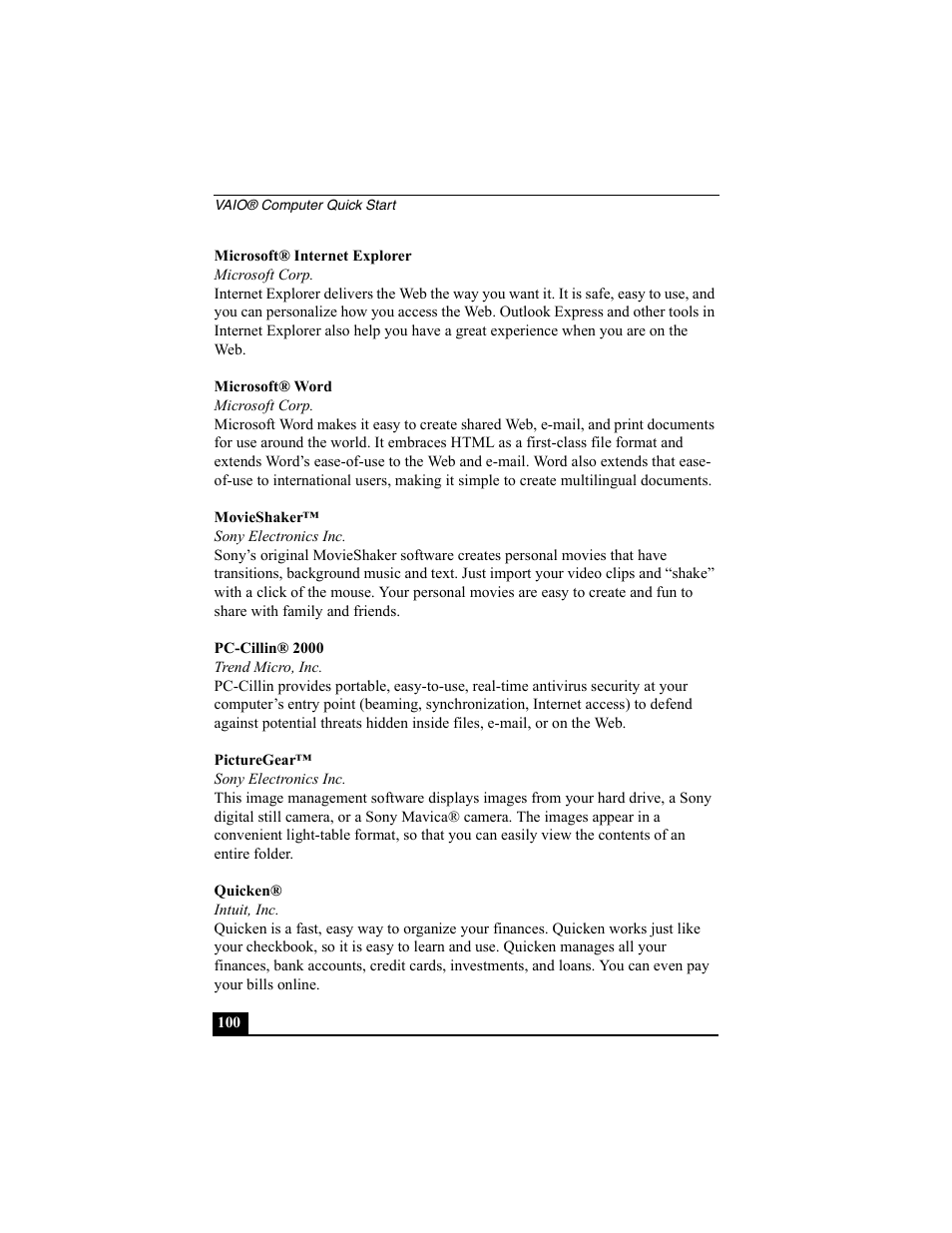 Microsoft® internet explorer, Microsoft corp, Microsoft® word | Movieshaker, Sony electronics inc, Pc-cillin® 2000, Trend micro, inc, Picturegear, Quicken, Intuit, inc | Sony PCG-SRX77P User Manual | Page 100 / 149