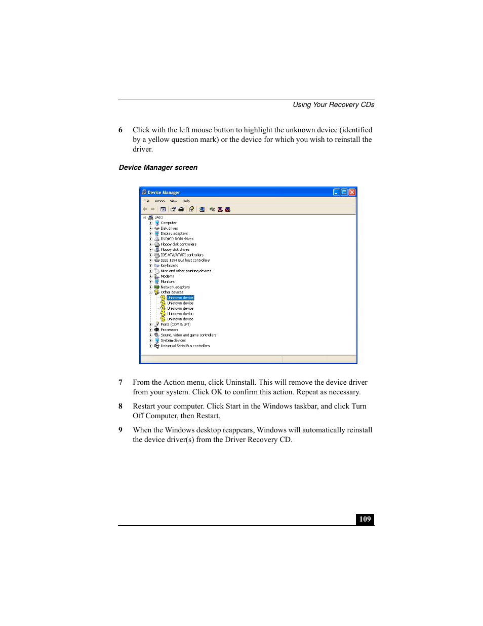 Device manager screen | Sony PCG-SRX77P User Manual | Page 109 / 149