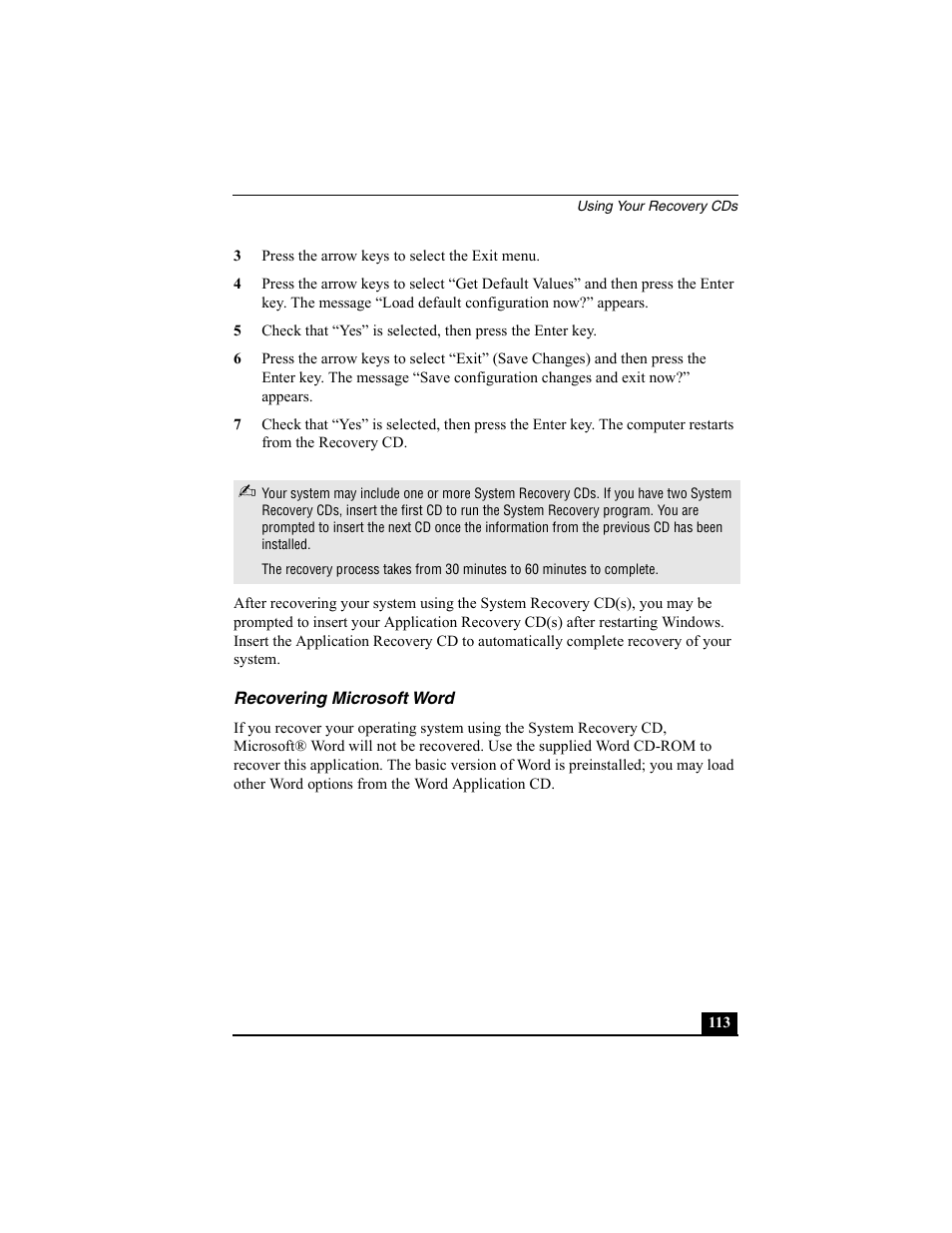 3 press the arrow keys to select the exit menu, Recovering microsoft word | Sony PCG-SRX77P User Manual | Page 113 / 149