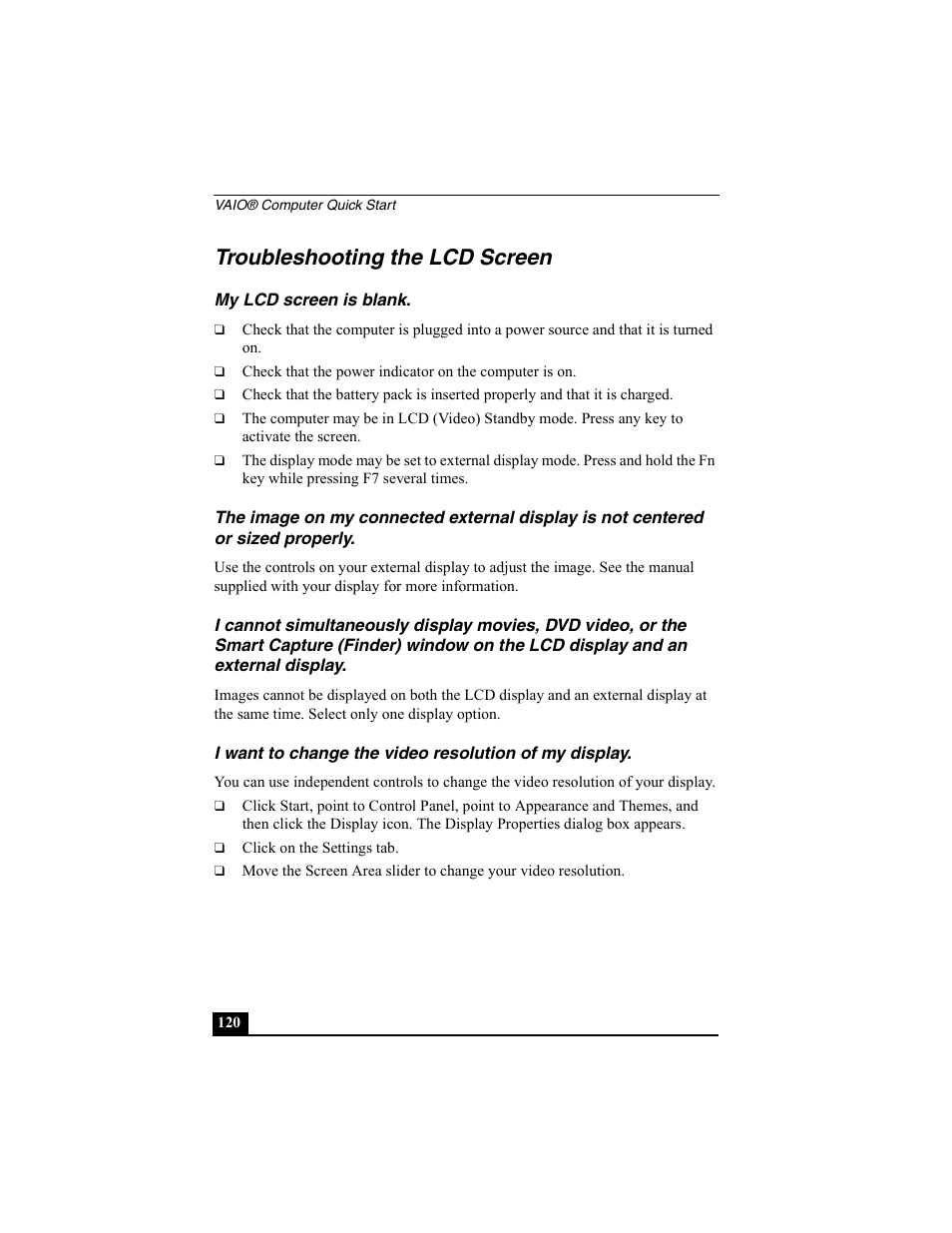 Troubleshooting the lcd screen, My lcd screen is blank | Sony PCG-SRX77P User Manual | Page 120 / 149