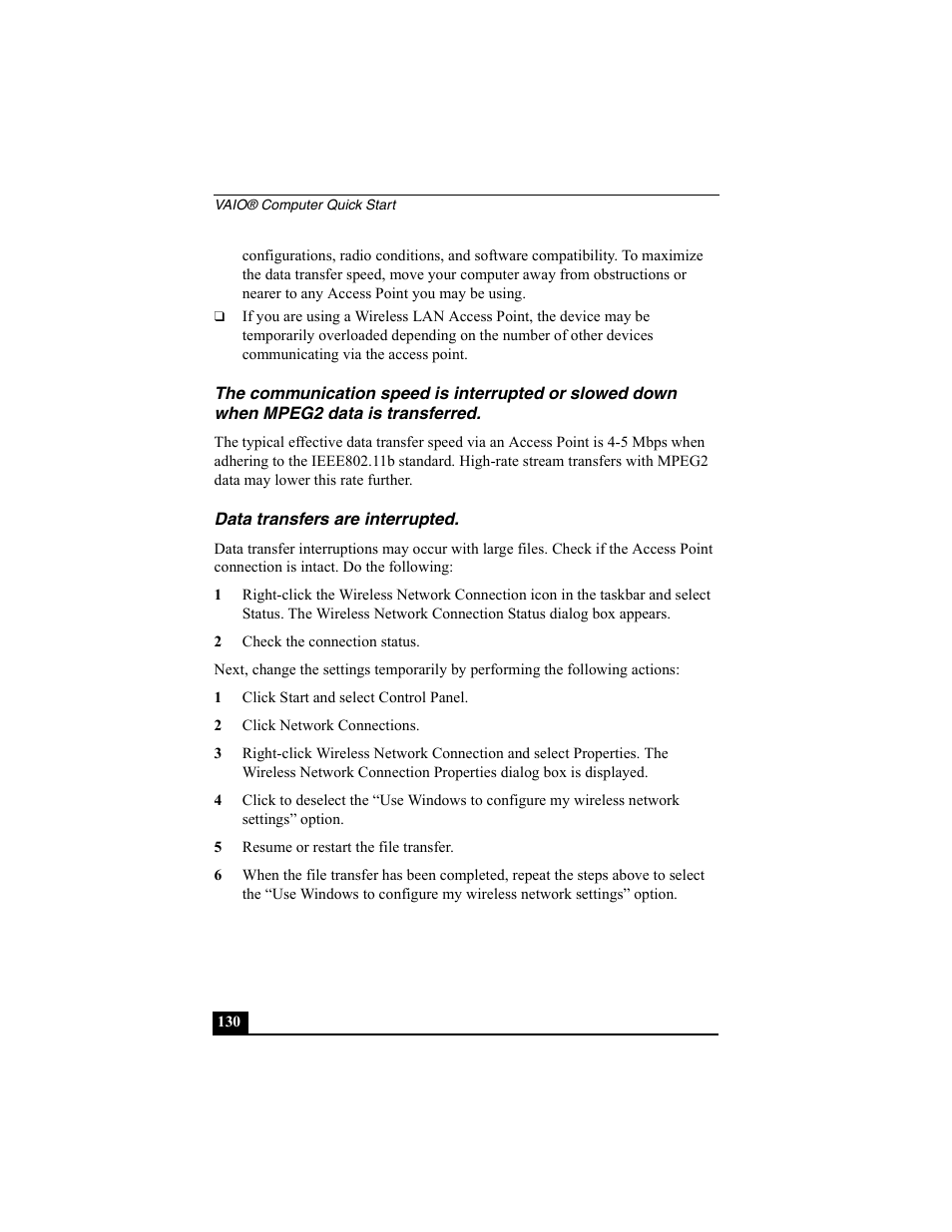 Data transfers are interrupted, 2 check the connection status, 1 click start and select control panel | 2 click network connections, 5 resume or restart the file transfer | Sony PCG-SRX77P User Manual | Page 130 / 149