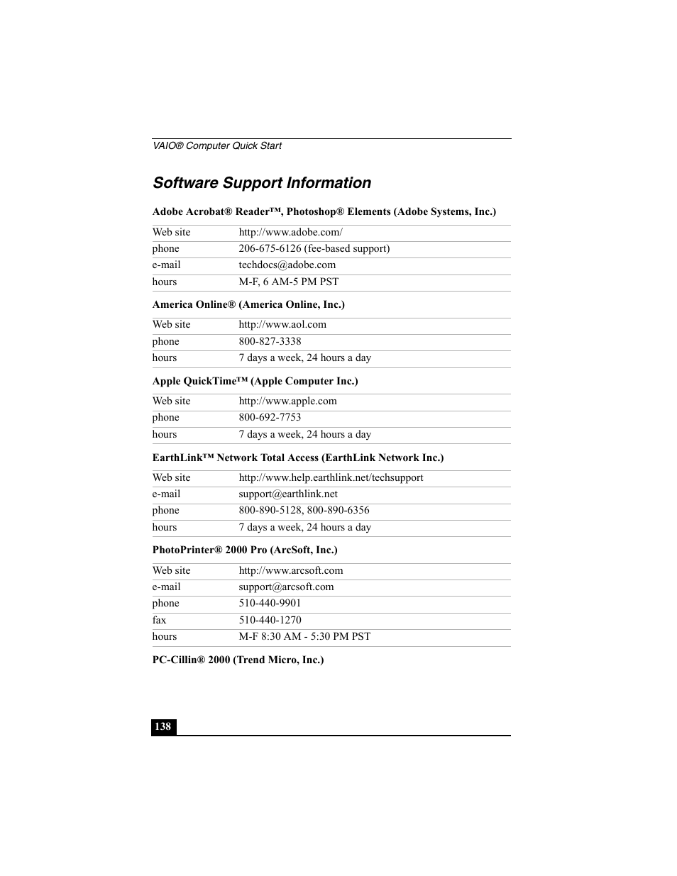 Software support information, America online® (america online, inc.), Apple quicktime™ (apple computer inc.) | Photoprinter® 2000 pro (arcsoft, inc.), Pc-cillin® 2000 (trend micro, inc.) | Sony PCG-SRX77P User Manual | Page 138 / 149