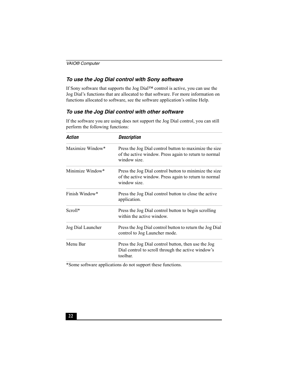 To use the jog dial control with sony software, To use the jog dial control with other software | Sony PCG-SRX77P User Manual | Page 22 / 149