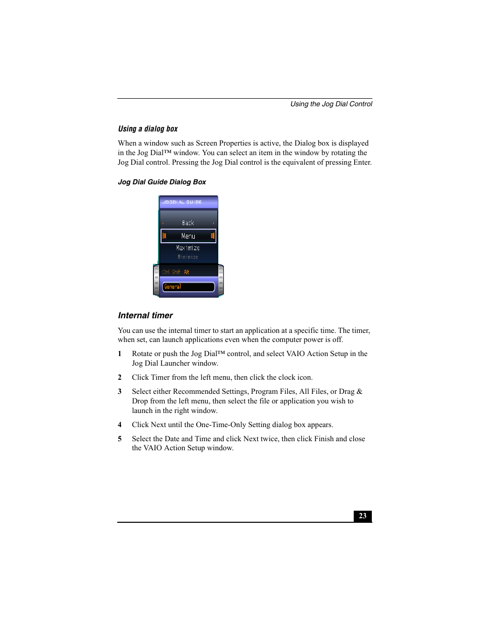 Using a dialog box, Jog dial guide dialog box, Internal timer | Sony PCG-SRX77P User Manual | Page 23 / 149