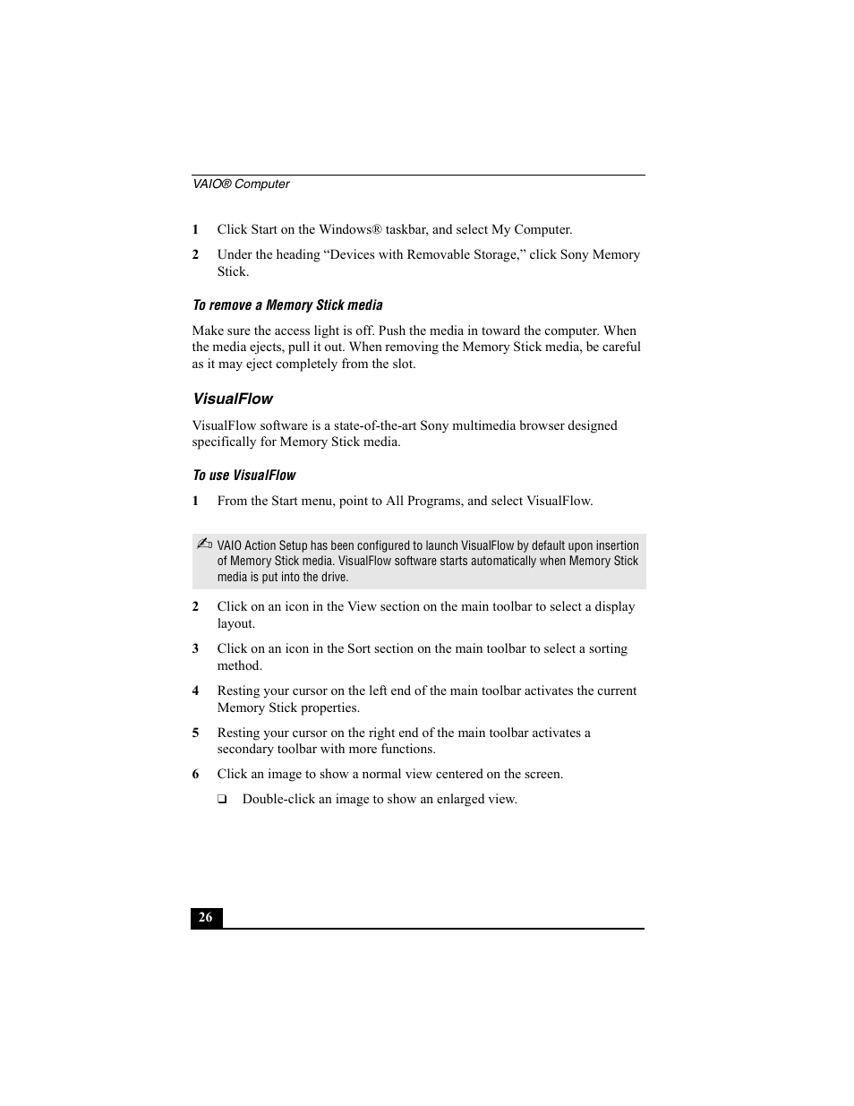 To remove a memory stick media, Visualflow, To use visualflow | Sony PCG-SRX77P User Manual | Page 26 / 149