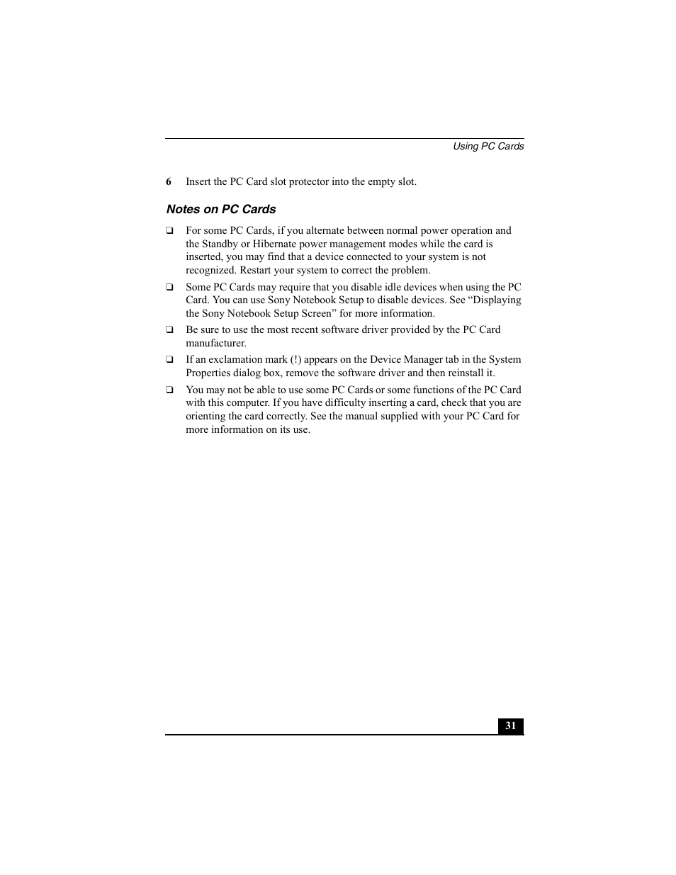 Notes on pc cards | Sony PCG-SRX77P User Manual | Page 31 / 149