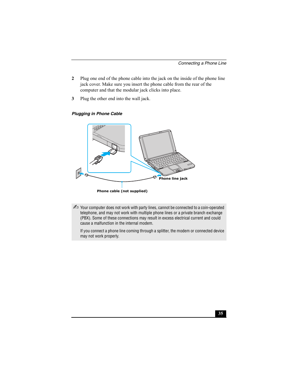 3 plug the other end into the wall jack, Plugging in phone cable | Sony PCG-SRX77P User Manual | Page 35 / 149