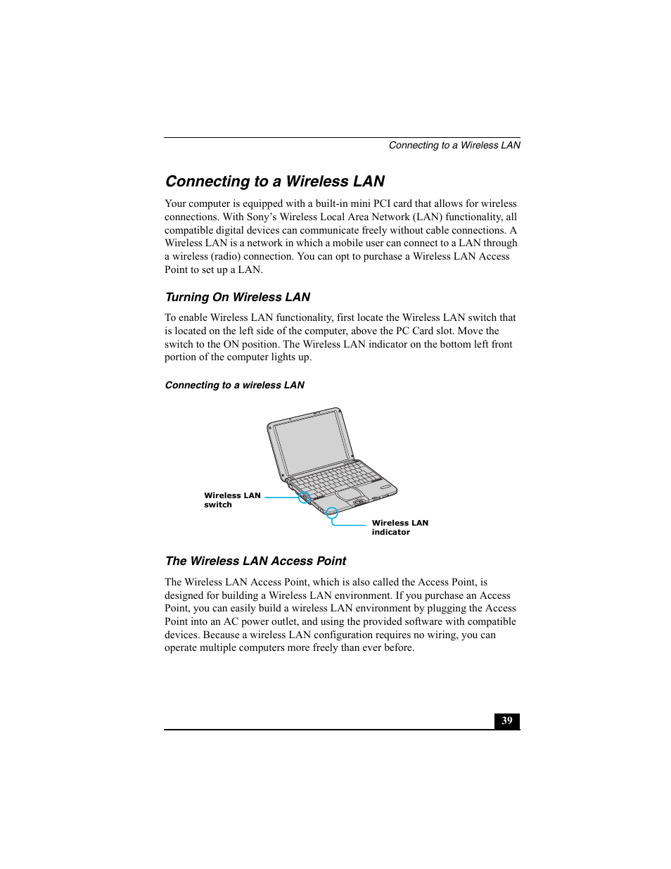 Connecting to a wireless lan, Turning on wireless lan, The wireless lan access point | Sony PCG-SRX77P User Manual | Page 39 / 149