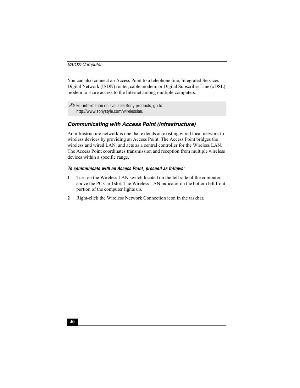 Communicating with access point (infrastructure) | Sony PCG-SRX77P User Manual | Page 40 / 149