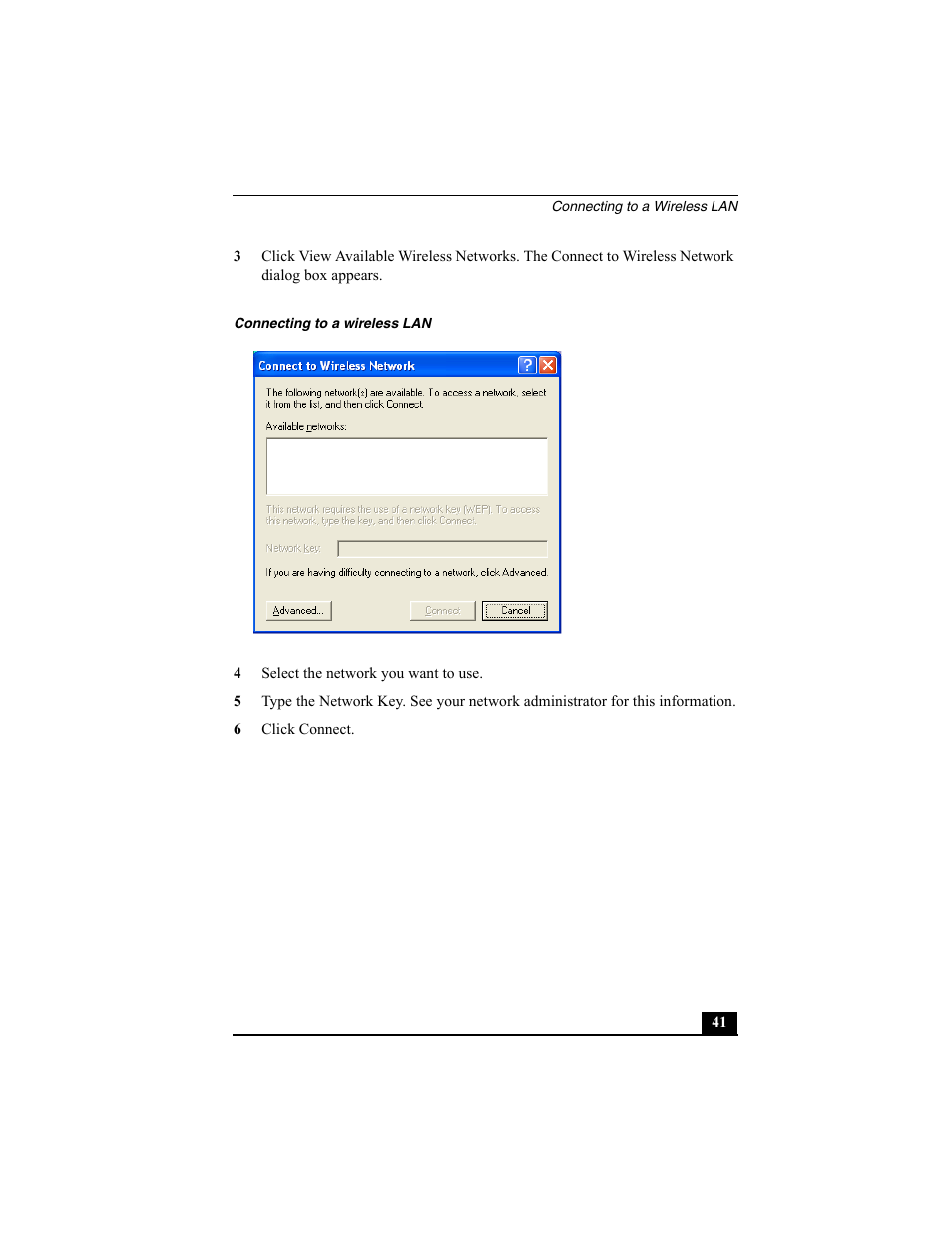 Connecting to a wireless lan, 4 select the network you want to use, 6 click connect | Sony PCG-SRX77P User Manual | Page 41 / 149