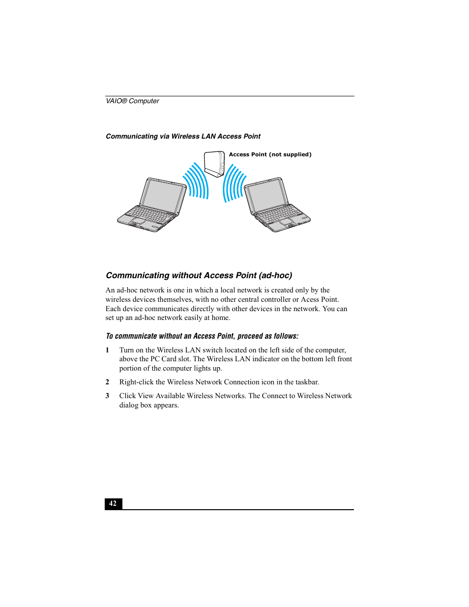 Communicating via wireless lan access point, Communicating without access point (ad-hoc) | Sony PCG-SRX77P User Manual | Page 42 / 149