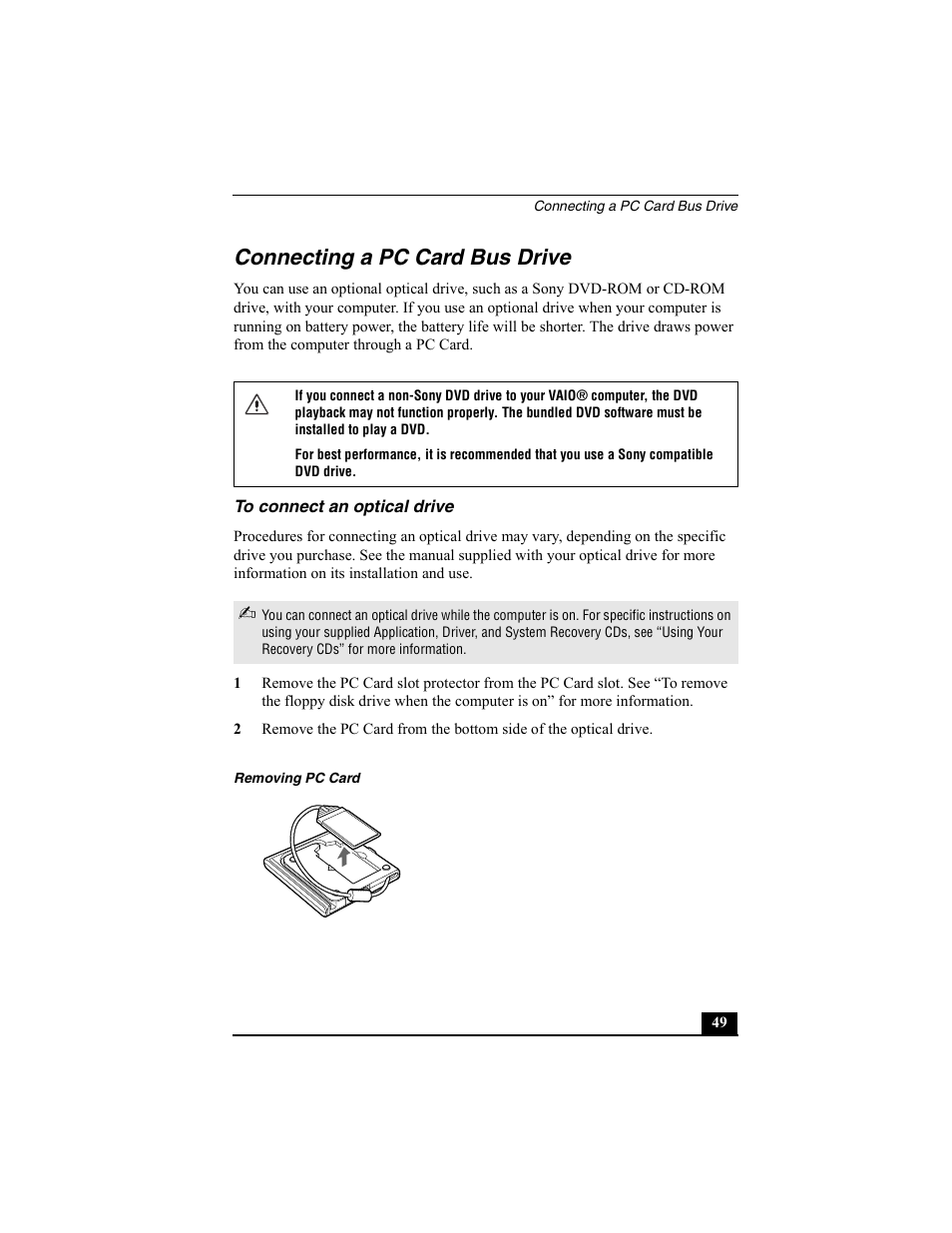 Connecting a pc card bus drive, To connect an optical drive, Removing pc card | Sony PCG-SRX77P User Manual | Page 49 / 149