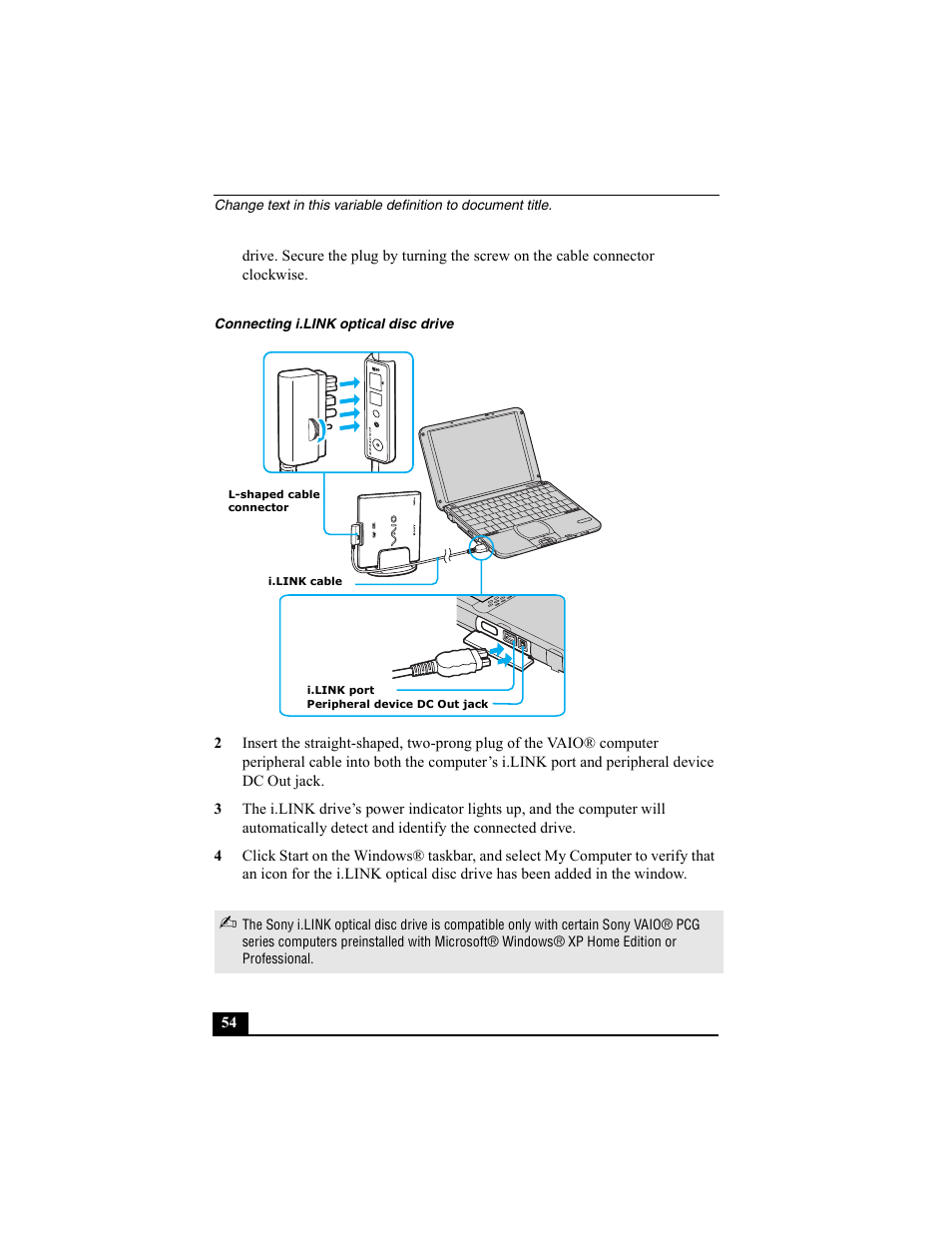 Connecting i.link optical disc drive | Sony PCG-SRX77P User Manual | Page 54 / 149